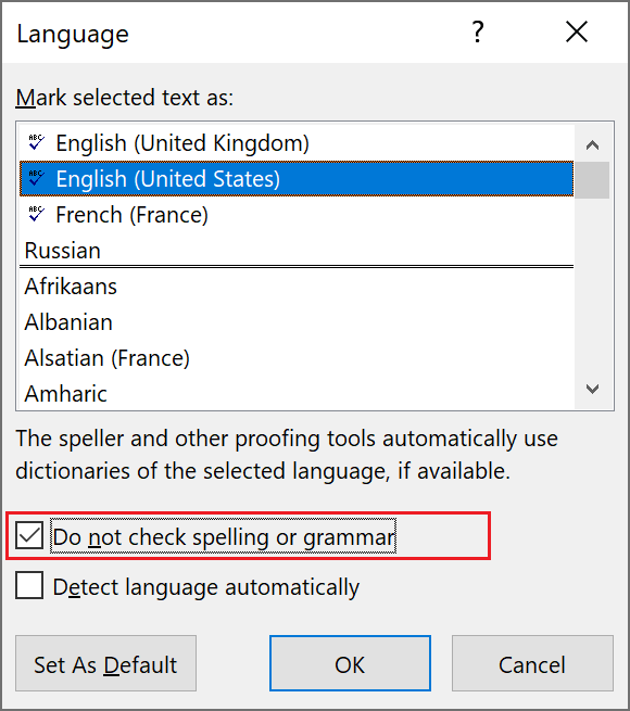 Do not check spelling or grammar checkbox