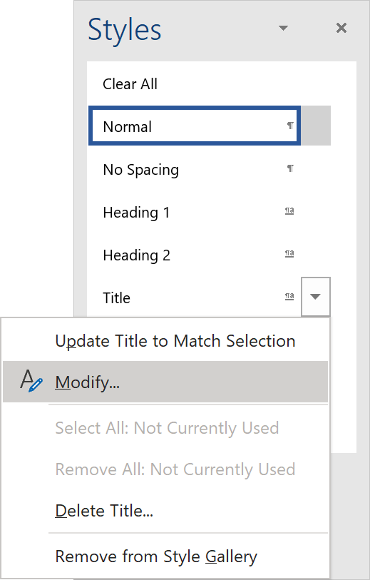 Modify button in Styles dialog
