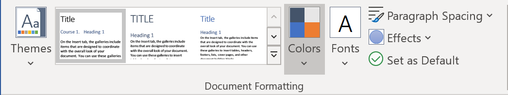 Colors button in Document Formatting group